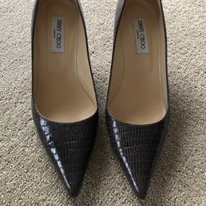 Jimmy Choo Brown Croc-Embossed Pointed Toe Pumps